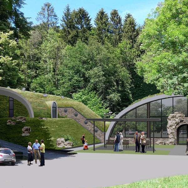 Visualisierung zeigt moderne Gebäude, die sich mit Glasfronten in die Landschaft einfügen.
