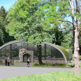 Visualisierung zeigt moderne Gebäude, die sich mit Glasfronten in die Landschaft einfügen.