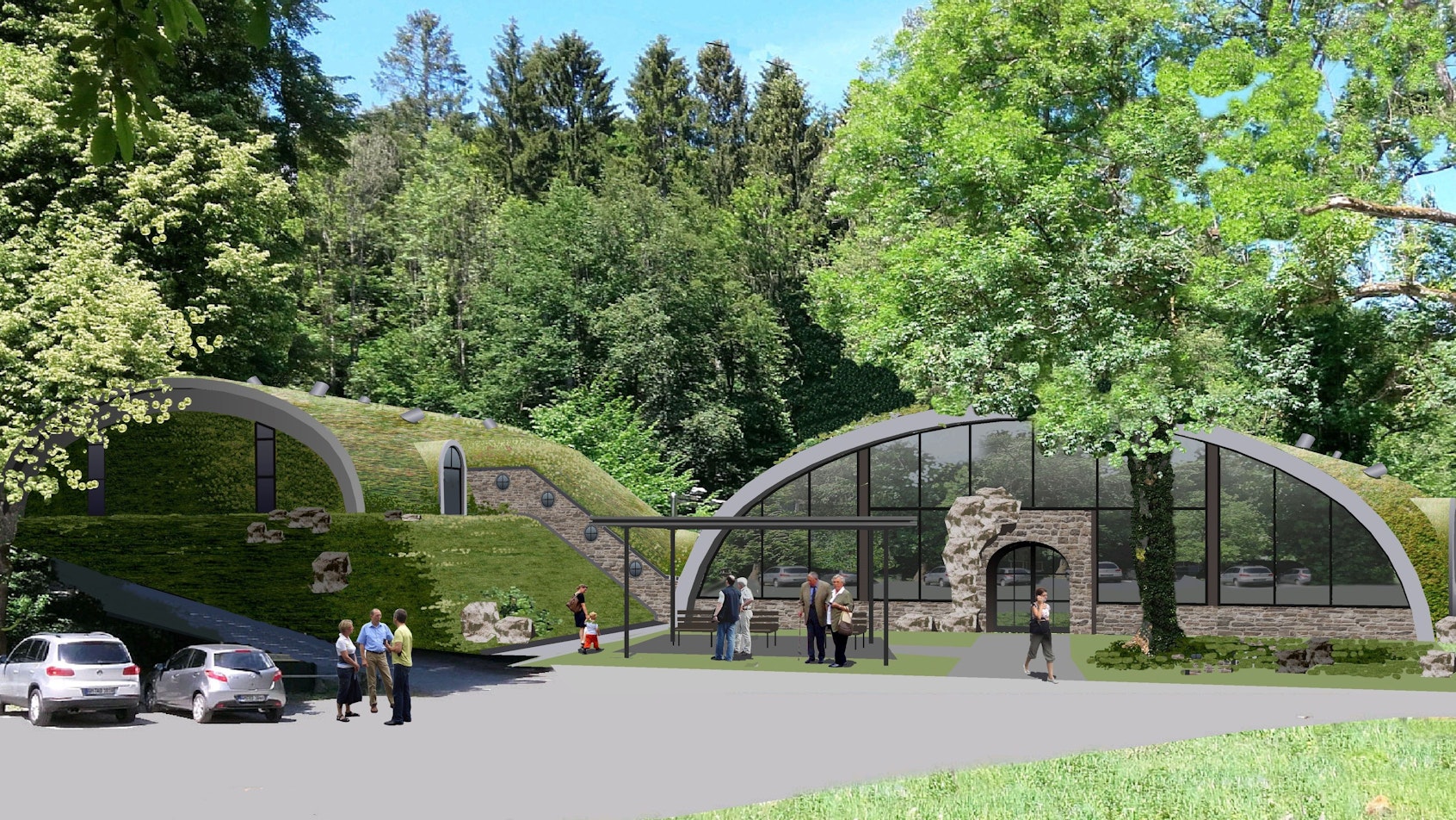 Visualisierung zeigt moderne Gebäude, die sich mit Glasfronten in die Landschaft einfügen.