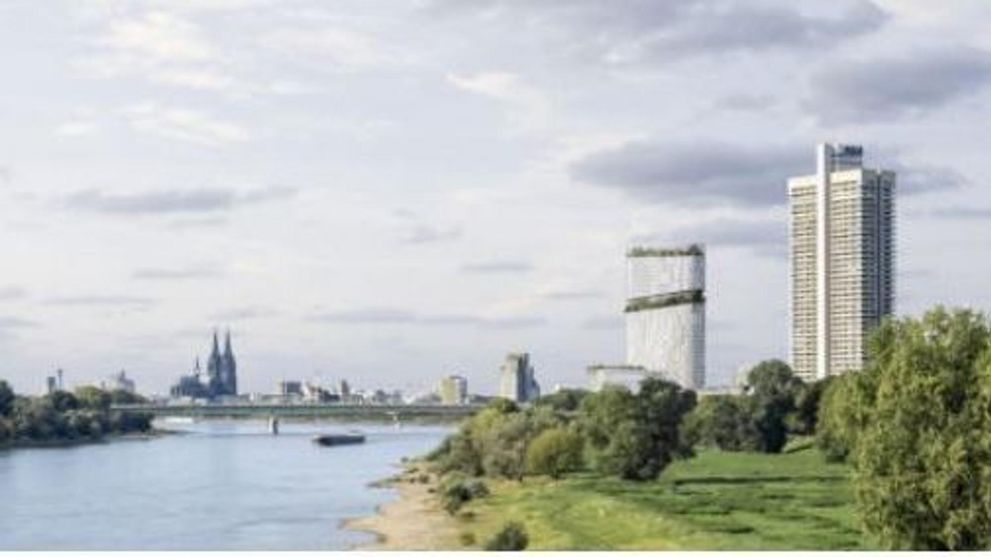 Die Visualisierung zeigt eine Idee für das geplante DEVK-Hochhaus.