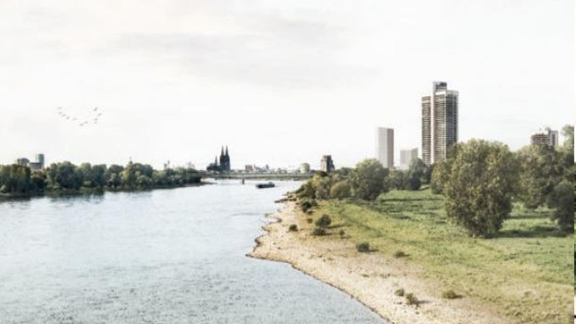 Die Visualisierung zeigt eine Idee für das geplante DEVK-Hochhaus.