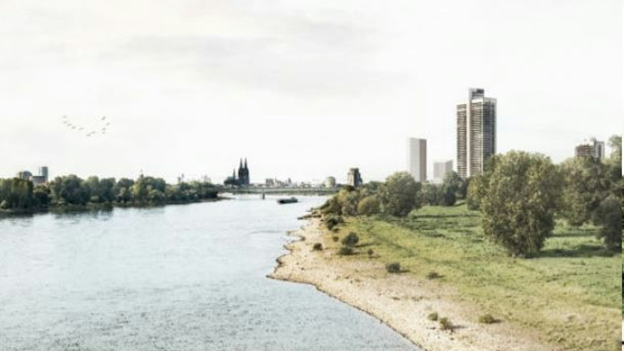 Die Visualisierung zeigt eine Idee für das geplante DEVK-Hochhaus.