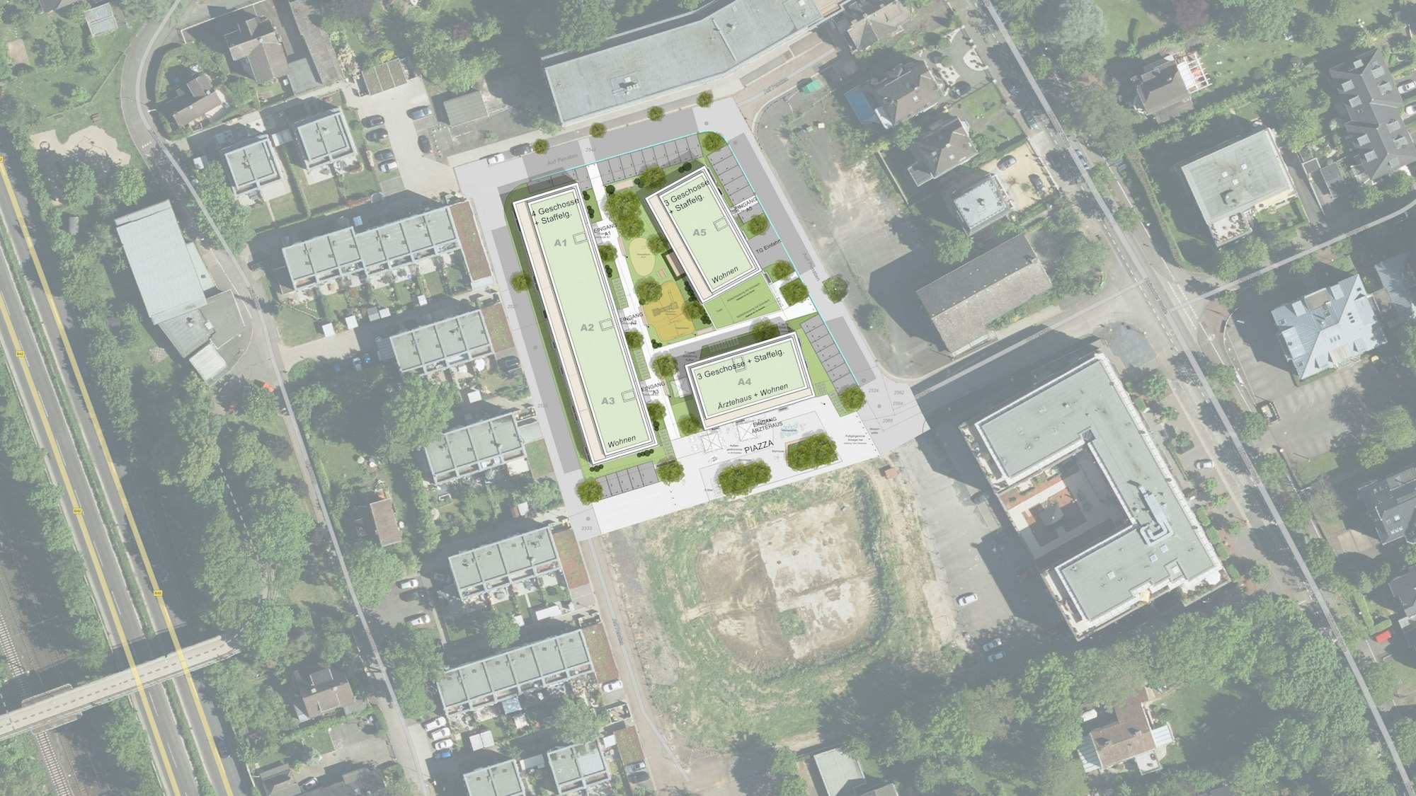 Visualisierung der drei Gebäude im nördlichen Teil.