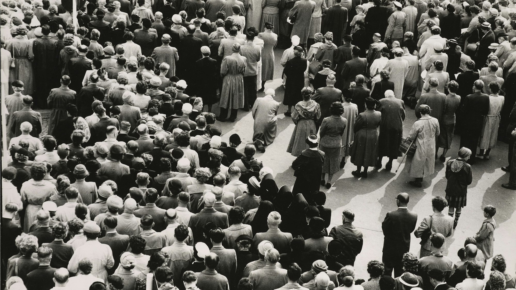 Menschen stehen und knien mit dem Rücken zur Kamera auf der Straße.