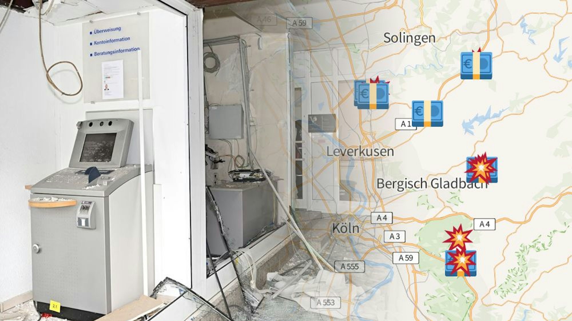 32 Menschen wurden nach einer Geldautomatensprengung in einer Deutsche-Bank-Filiale in Rösrath evakuiert. Das Bild zeigt links eine verwüstete Filiale, rechts eine Ortskarte mit mehreren Symbolen.