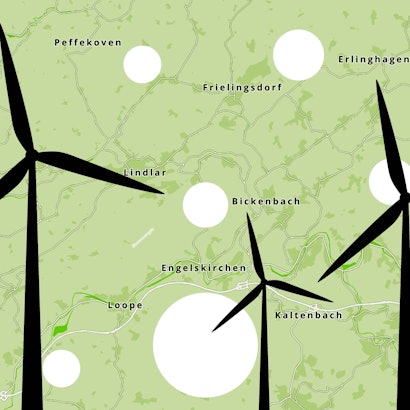 Grafik mit einer Landkarte des Nord-Westens Oberbergs mit weißen Kreisen und stilisierten Windkraftanlagen.