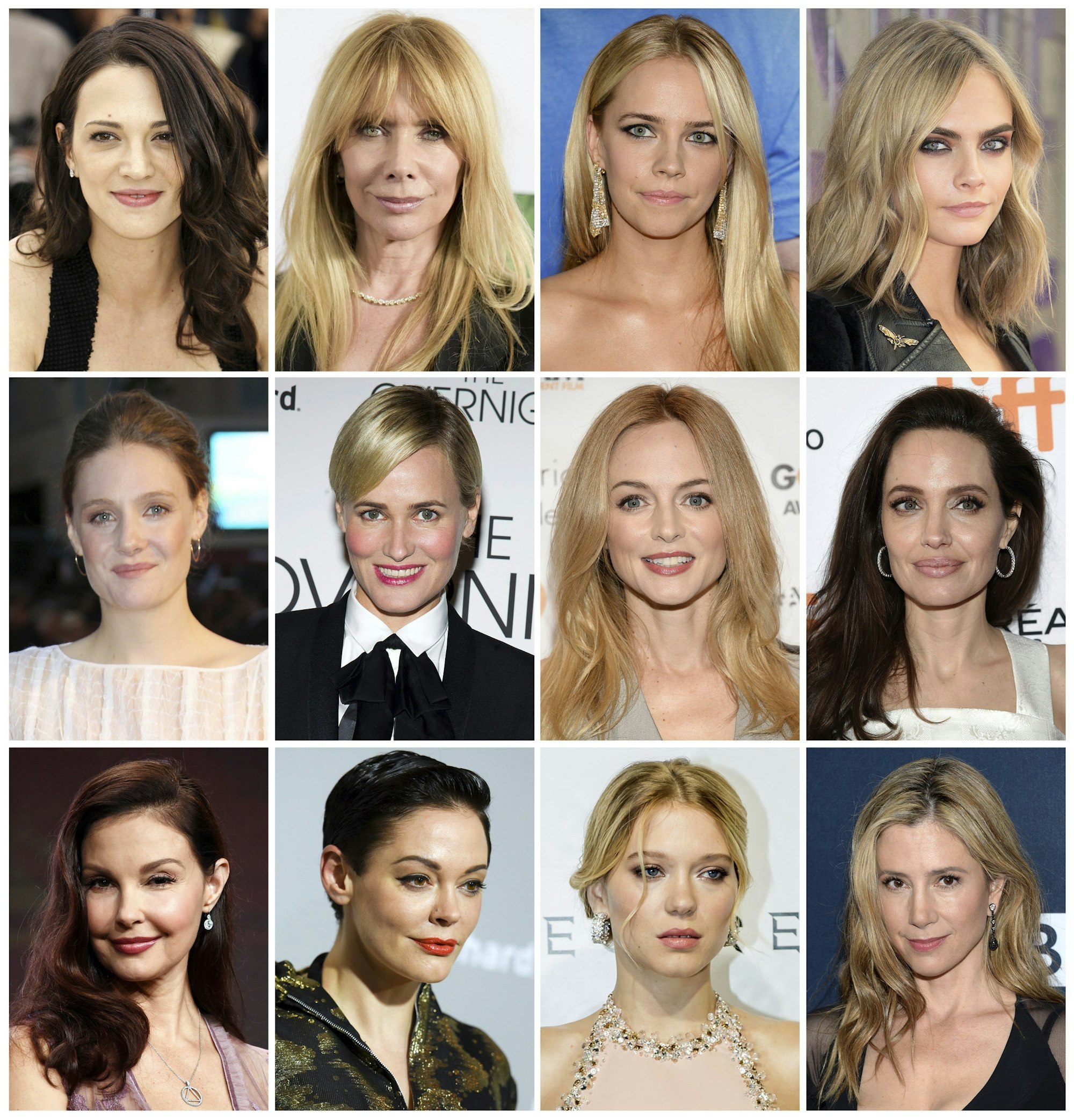 Einige Schauspielerinnen, die sich öffentlich gegen Harvey Weinstein gestellt haben: Asia Argento, Rosanna Arquette, Jessica Barth, Cara Delevingne, Romola Garai, Judith Godreche, Heather Graham, Angelina Jolie, Ashley Judd, Rose McGowan, Lea Seydoux and Mira Sorvino (von oben links nach unten rechts).