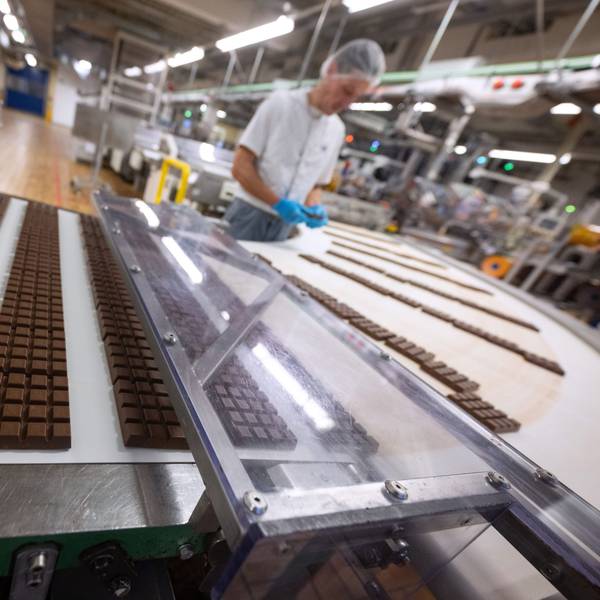 Schokoladentafeln liegen in der Produktion am Hauptsitz der Alfred Ritter GmbH & Co. KG, auf einem Laufband.