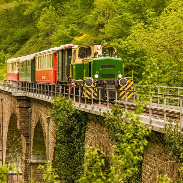 Grüne Dampflokomotive fährt über einen alten Viadukt.