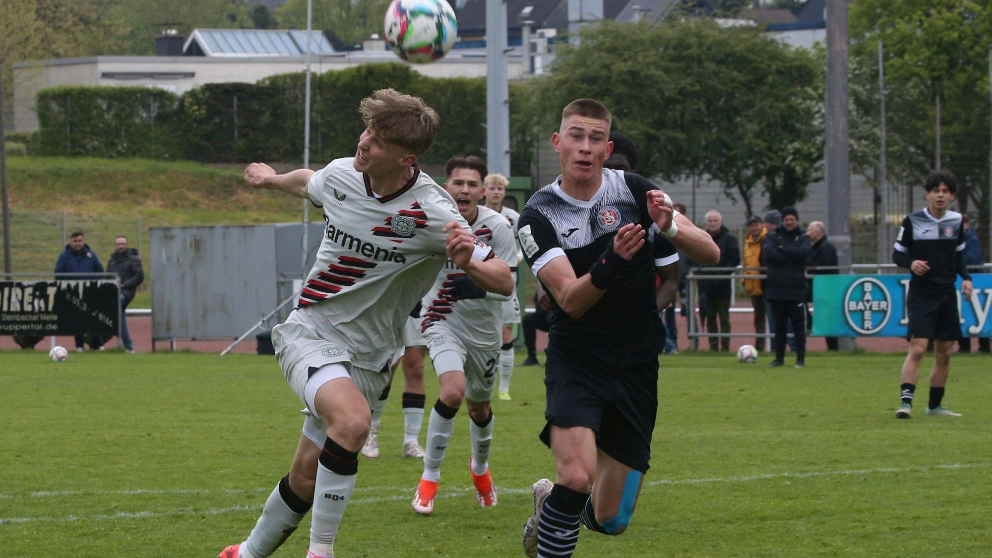 Bundesliga A - Junioren Staffel West, Saison 2023 -2024, 23. Spieltag, 21.04.2024, Wuppertaler SV - Bayer 04 Leverkusen.-- Ivan Yermachkov Wuppertaler SV / rechts und Filip Milojevic Bayer 04 Leverkusen *** Bundesliga A Junioren Staffel West, Season 2023 2024, Matchday 23, 21 04 2024, Wuppertaler SV Bayer 04 Leverkusen Ivan Yermachkov Wuppertaler SV right and Filip Milojevic Bayer 04 Leverkusen