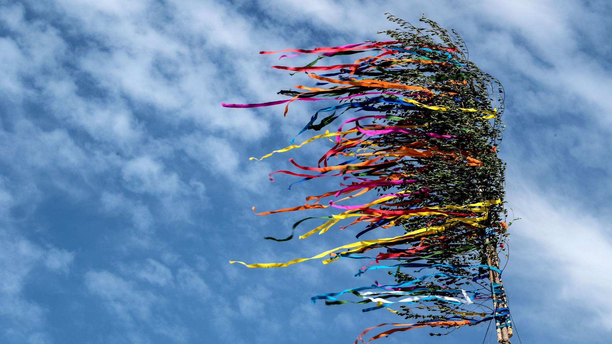 Ein mit bunten Bändern geschmückter Maibaum im Wind.