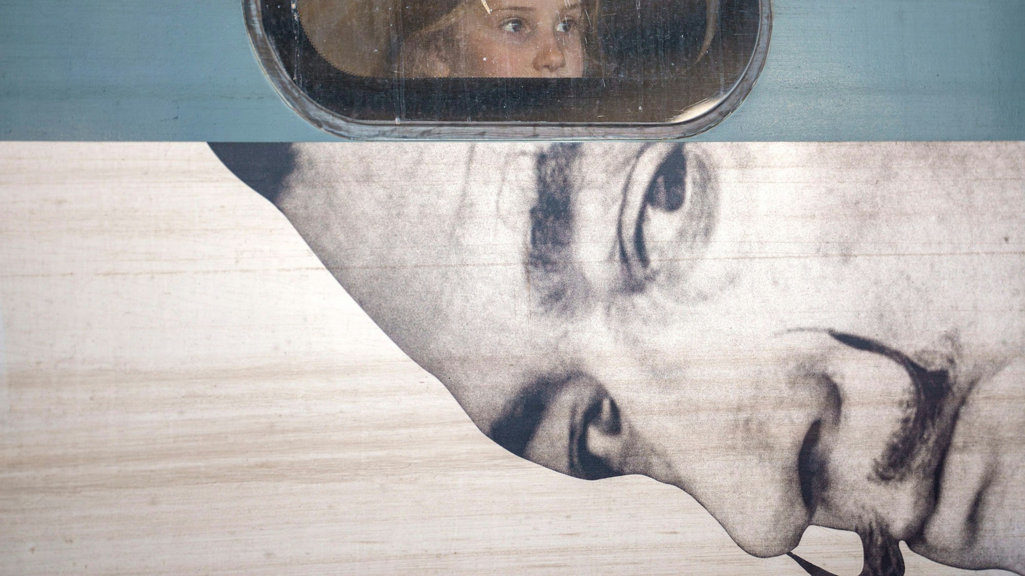 A child looks out from the window of a train displaying an advert to a Salvador Dali exhibition, at Gara de Nord, the main railway station in Bucharest, Romania,