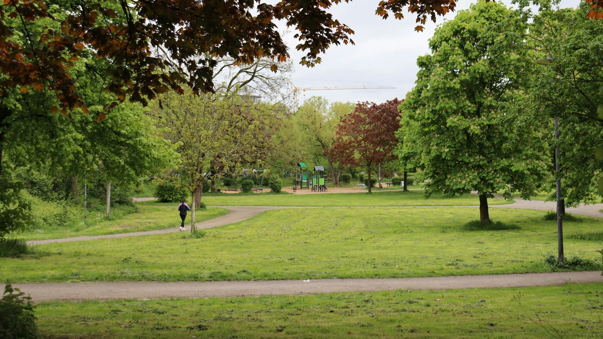 Blick auf den Böckingpark in Köln-Mülheim. Grüne Wiesen und Bäume sowie eine Joggerin und ein Spielplatz sind zu sehen. Foto von Uwe Schäfer
