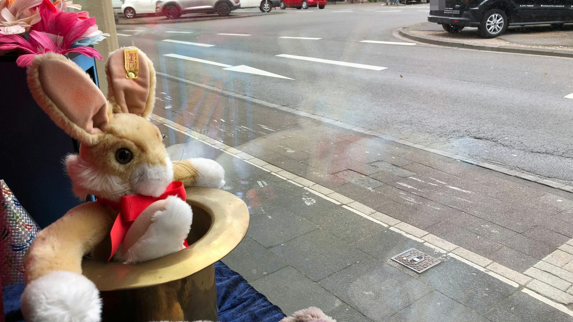 Ein Plüschhase in einem Zylinder im Schaufenster der Zauberschule in Köln-Nippes.