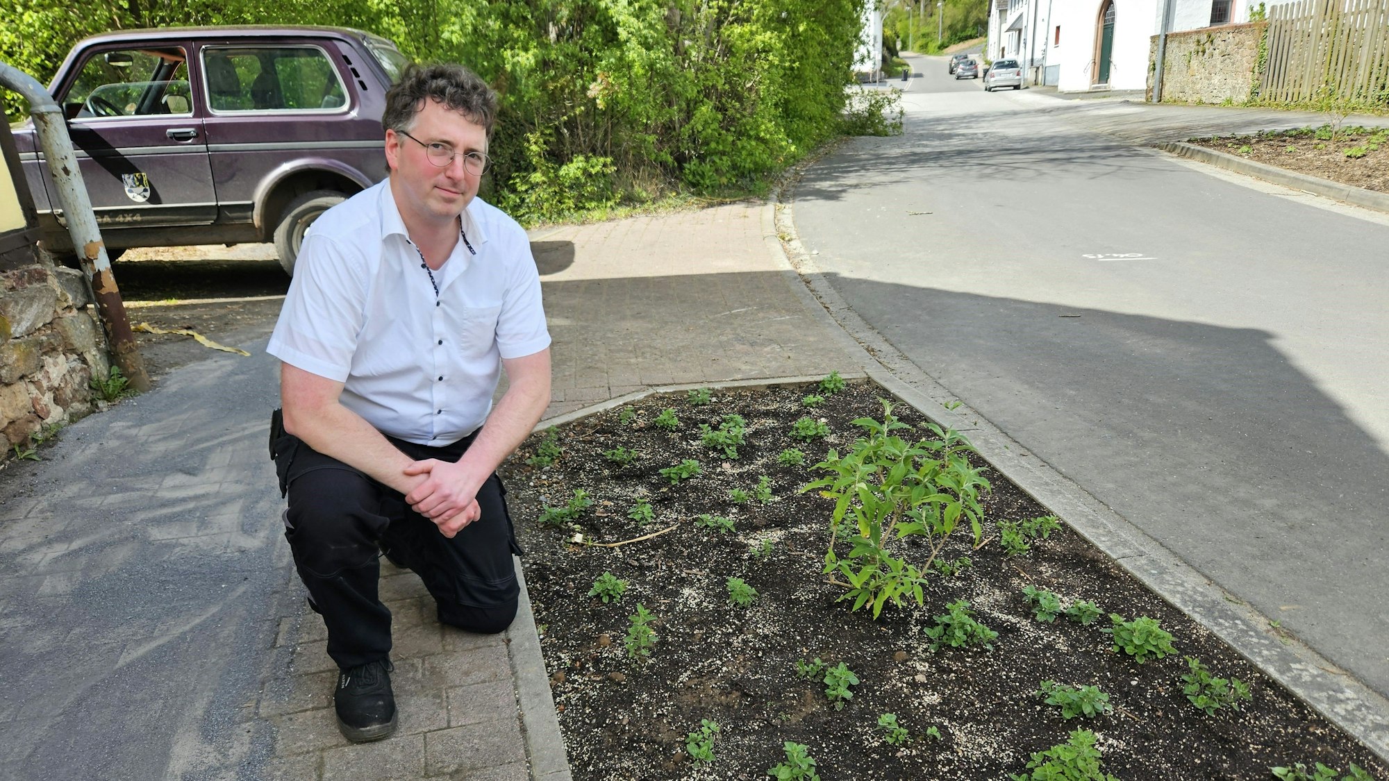 Bauhofleiter Andre Kaudel kniet neben dem Beet mit Bergminze.
