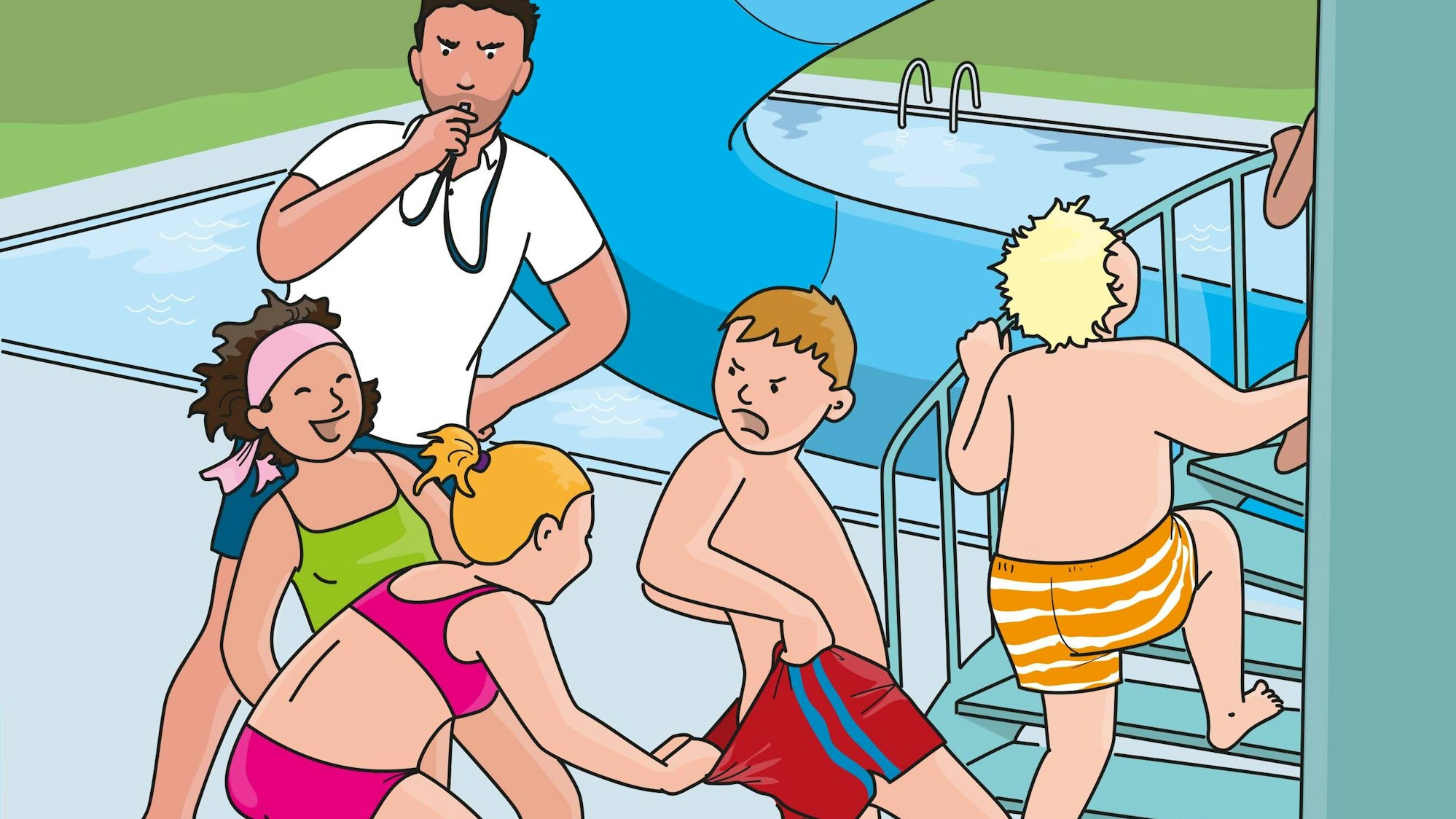 AAuf einem der Kampagnen-Plakate ist zu sehen, wie ein Mädchen einem Jungen auf der Treppe zur Rutsche die Badehose herunterzieht, dahinter steht der Schwimmmeister mit einer Trillerpfeife.