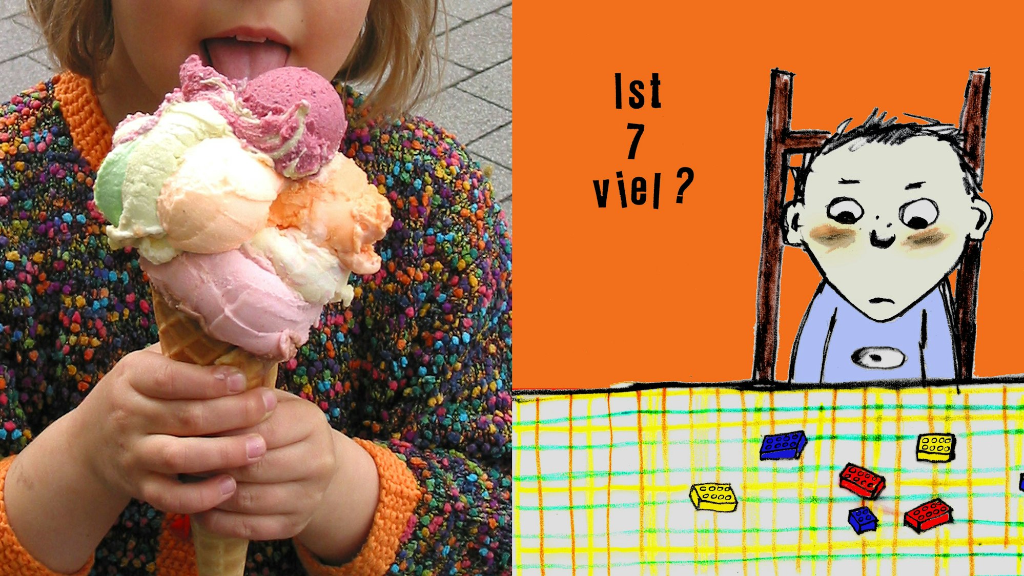 Ein Foto von einem Kind mit einer Eiswaffel und einigen Kugeln Eis. Rechts die Zeichnung eines Kindes, das an einem Tisch sitzt und auf sieben Lego-Steine schaut.