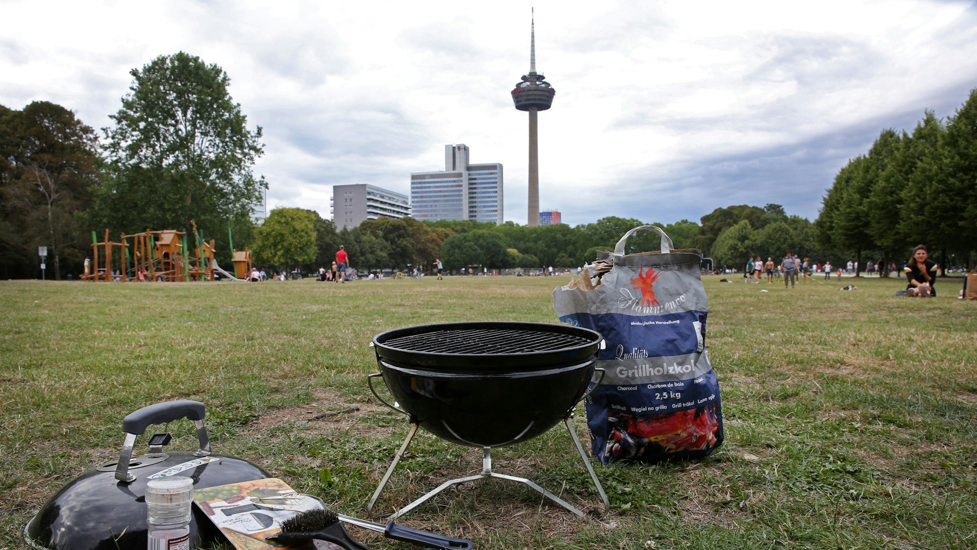 Auf einer Wiese steht ein Grill und ein Sack Kohle.