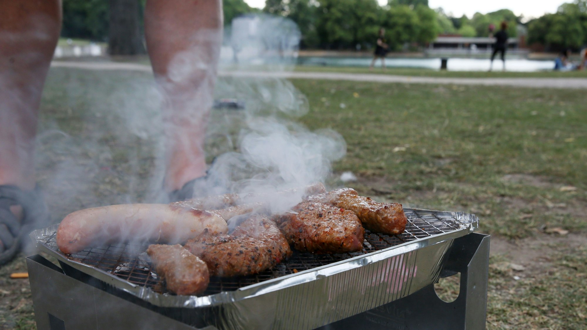 Ein Grill steht auf einer Wiese an einem Weiher.