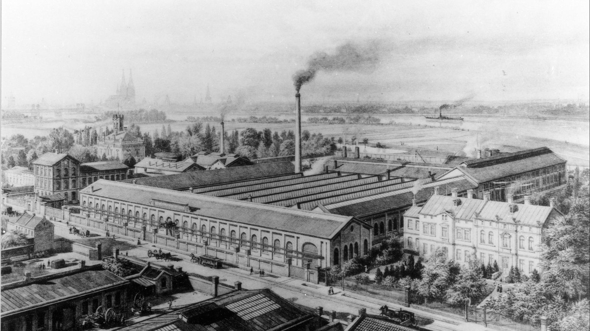 Blick auf der Motorenfabrik der Deutz AG in Deutz im Jahre 1886