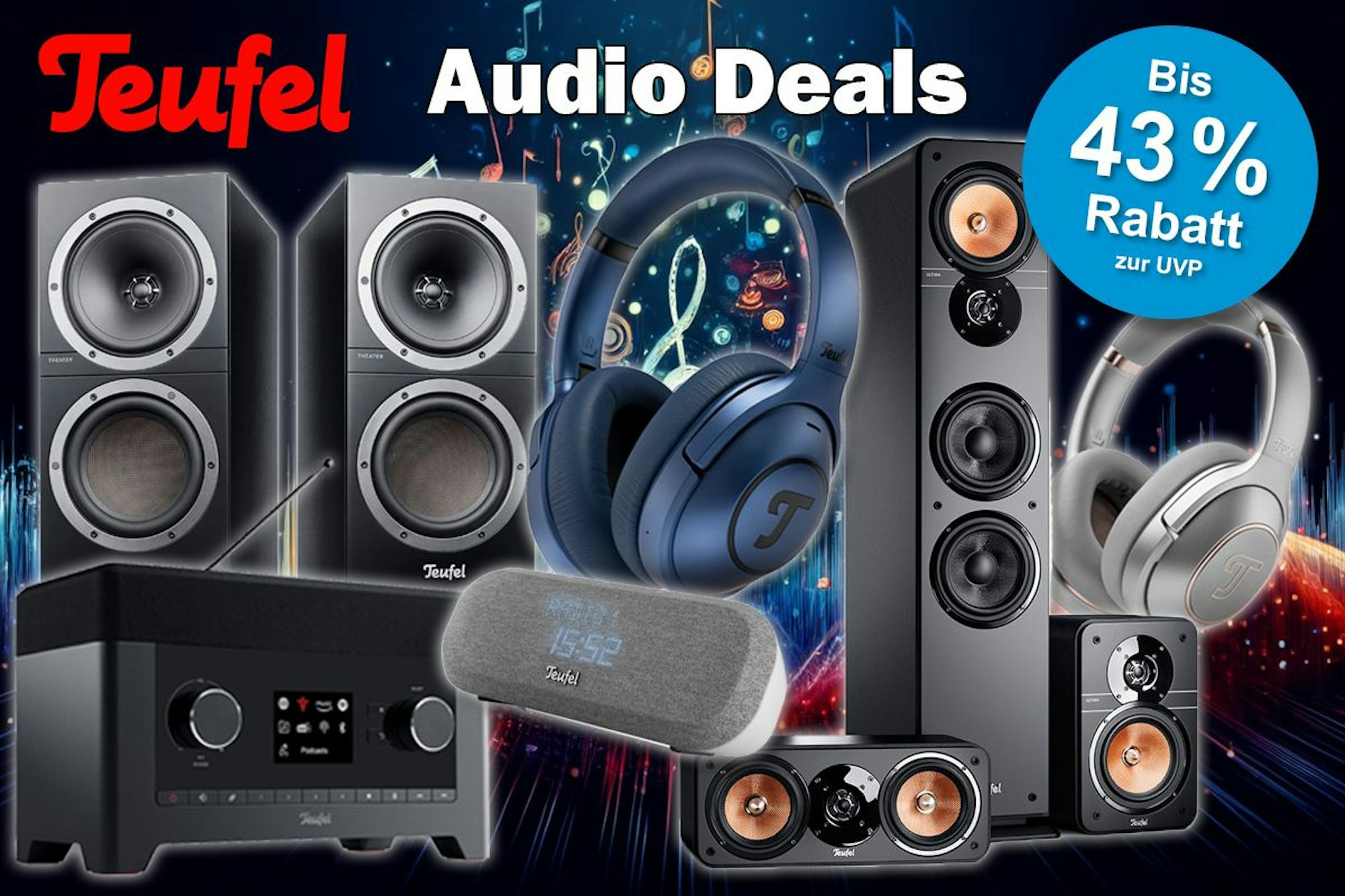 Teufel Real Blue NC und Real Blue Pro, Teufel Cinedeck, Lautsprecher Ultima und Theater 500S, Radio One mit buntem Hintergrund mit Musiknoten und Teufel Logo.