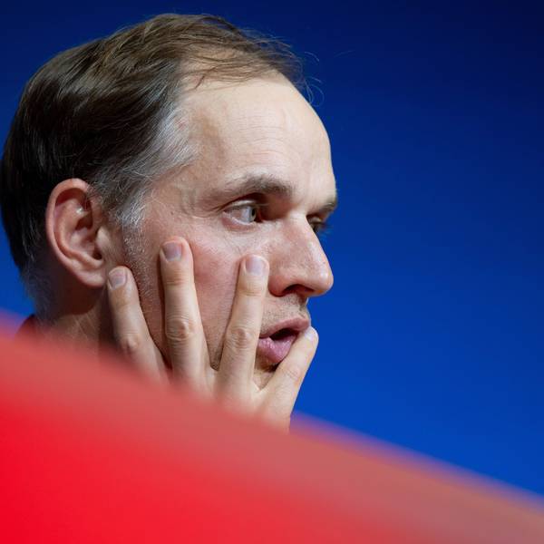 Trainer Thomas Tuchel vom FC Bayern auf einer Pressekonferenz.