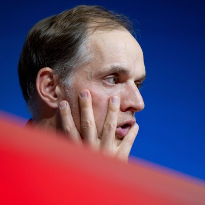 Trainer Thomas Tuchel vom FC Bayern auf einer Pressekonferenz.