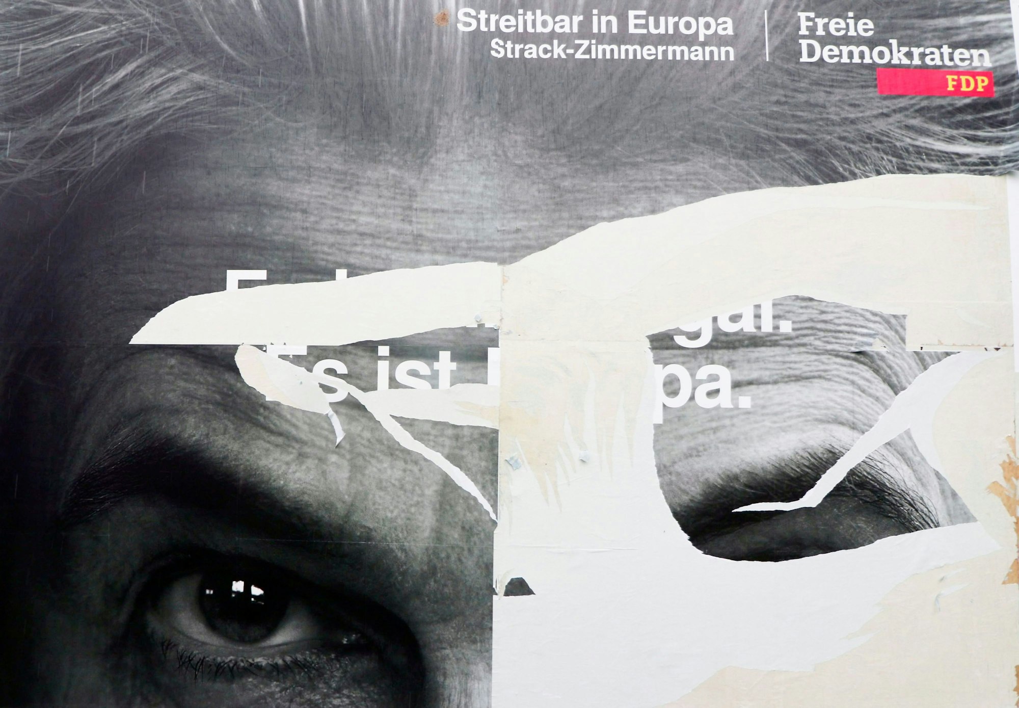 Ein Wahlplakate zur Europawahl von der FDP an der Inneren Kanalstraße ist stark beschädigt.