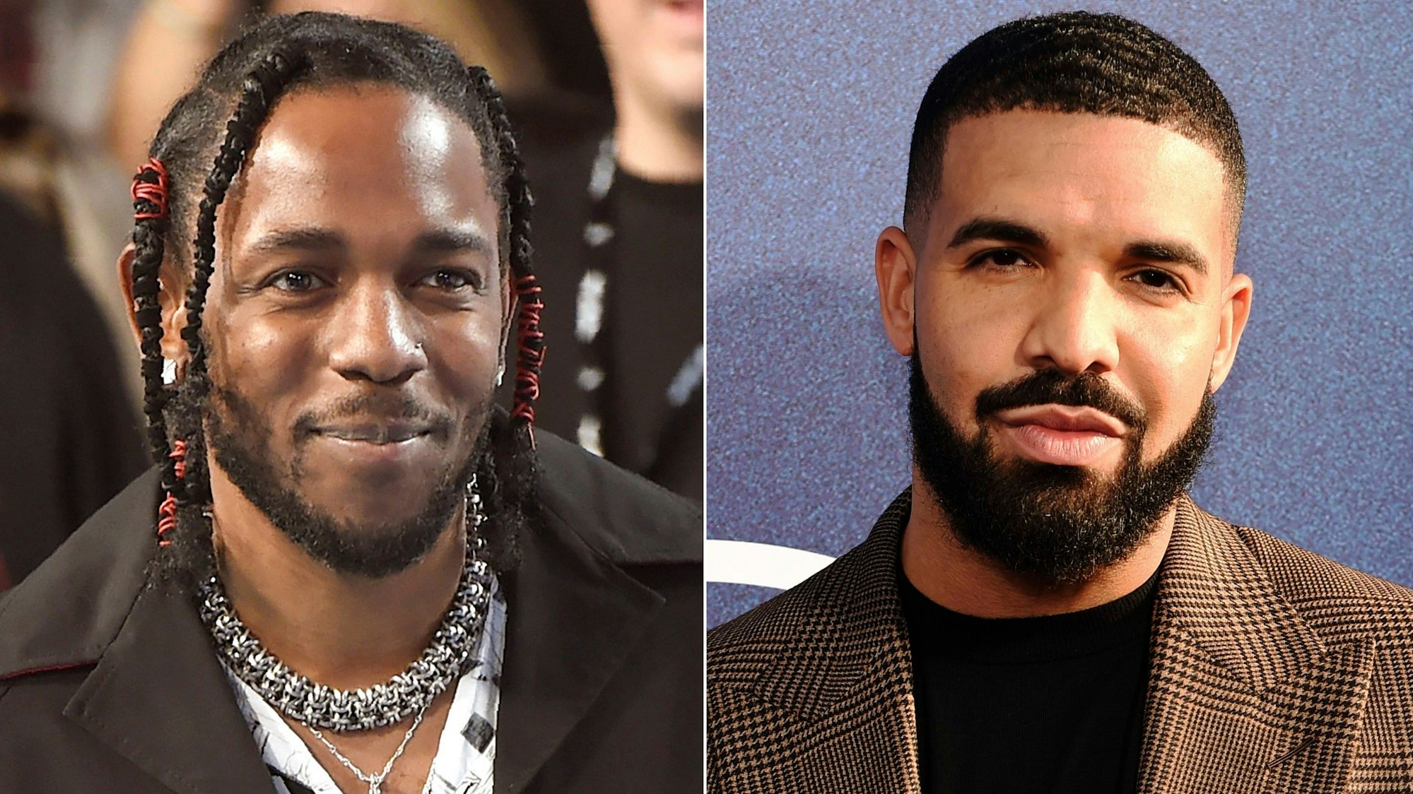 Rapper Kendrick Lamar erscheint bei den MTV Video Music Awards, am 27. August 2017, in Inglewood, Kalifornien, links, und der kanadische Rapper Drake erscheint bei der Premiere der Serie „Euphoria“, in Los Angeles am 4. Juni 2019.