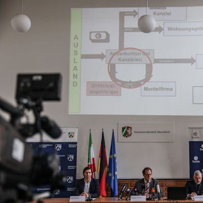 Hendrik Timmer (M), Staatsanwalt in Düsseldorf, berichtet mit einem Schaubild über die Ergebnisse der Razzia gegen eine Schleuserbande. Bei einer großangelegten Razzia gegen eine international agierende Schleuserbande in acht Bundesländern hat die Staatsanwaltschaft Düsseldorf zehn Beschuldigte verhaften lassen. (Zu dpa: „Großrazzia gegen Schleuser in acht Ländern - Ausländerämter bestochen?“) +++ dpa-Bildfunk +++