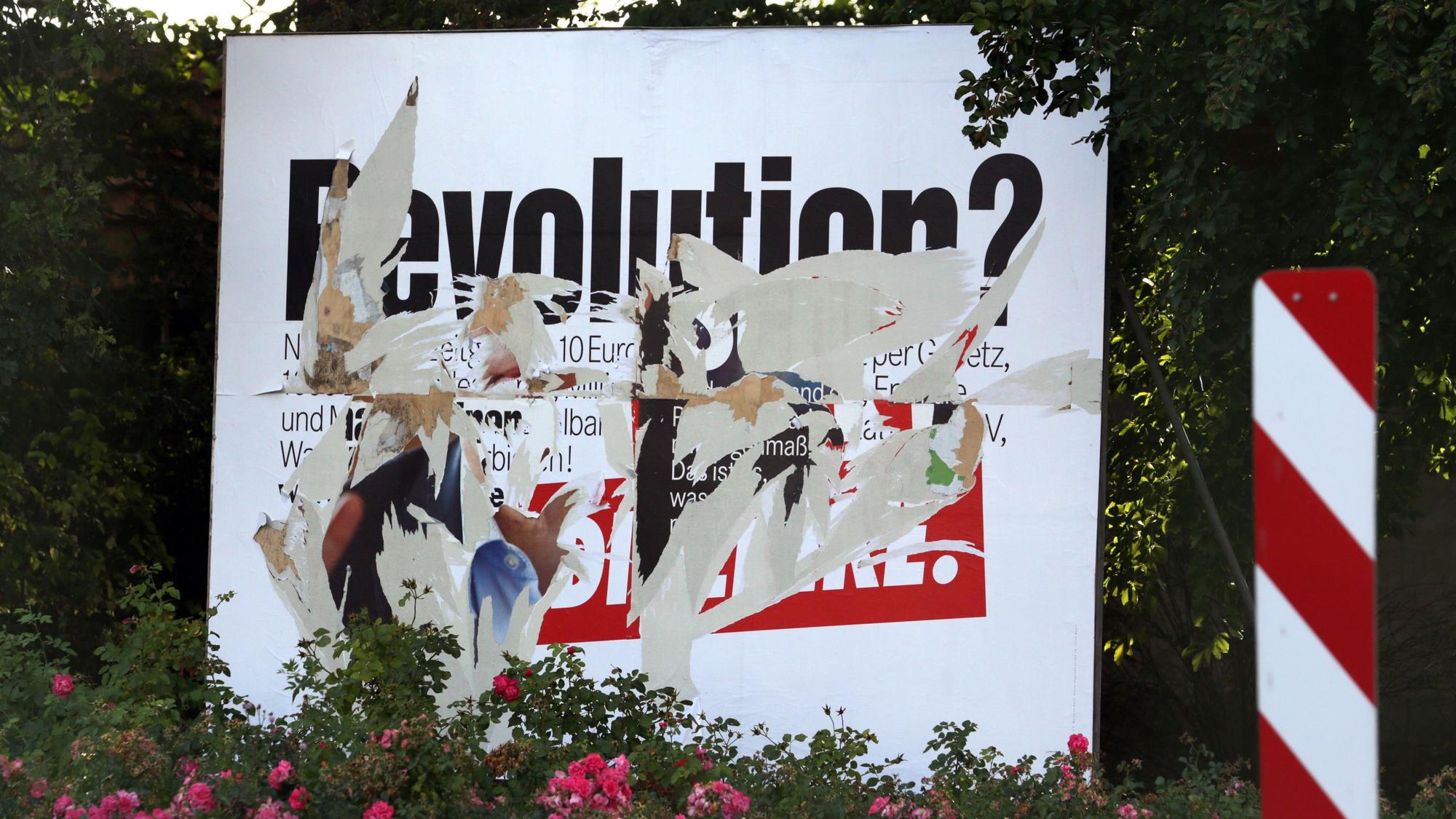 Ein zerstörtes Wahlplakat der Partei Die Linke am Straßenrand in Sanitz.