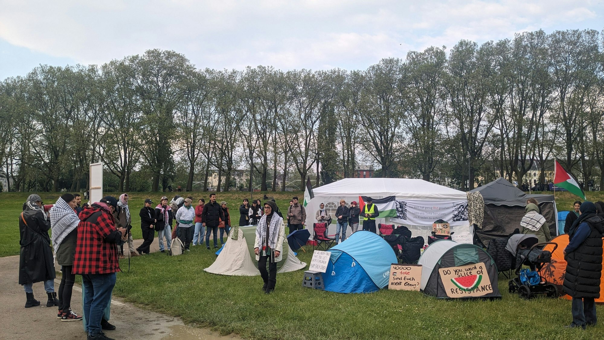 Demonstranten mit Plakaten stehen auf der Uniwiese neben Zelten.