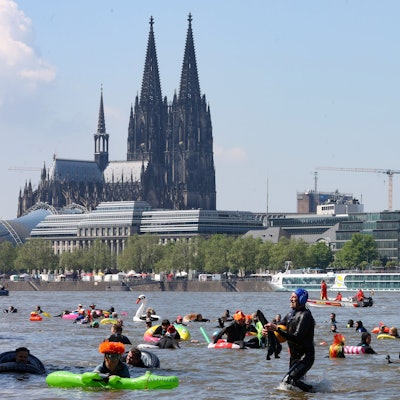 Menschen schwimmen im Rhein, im Hintergrund der Kölner Dom