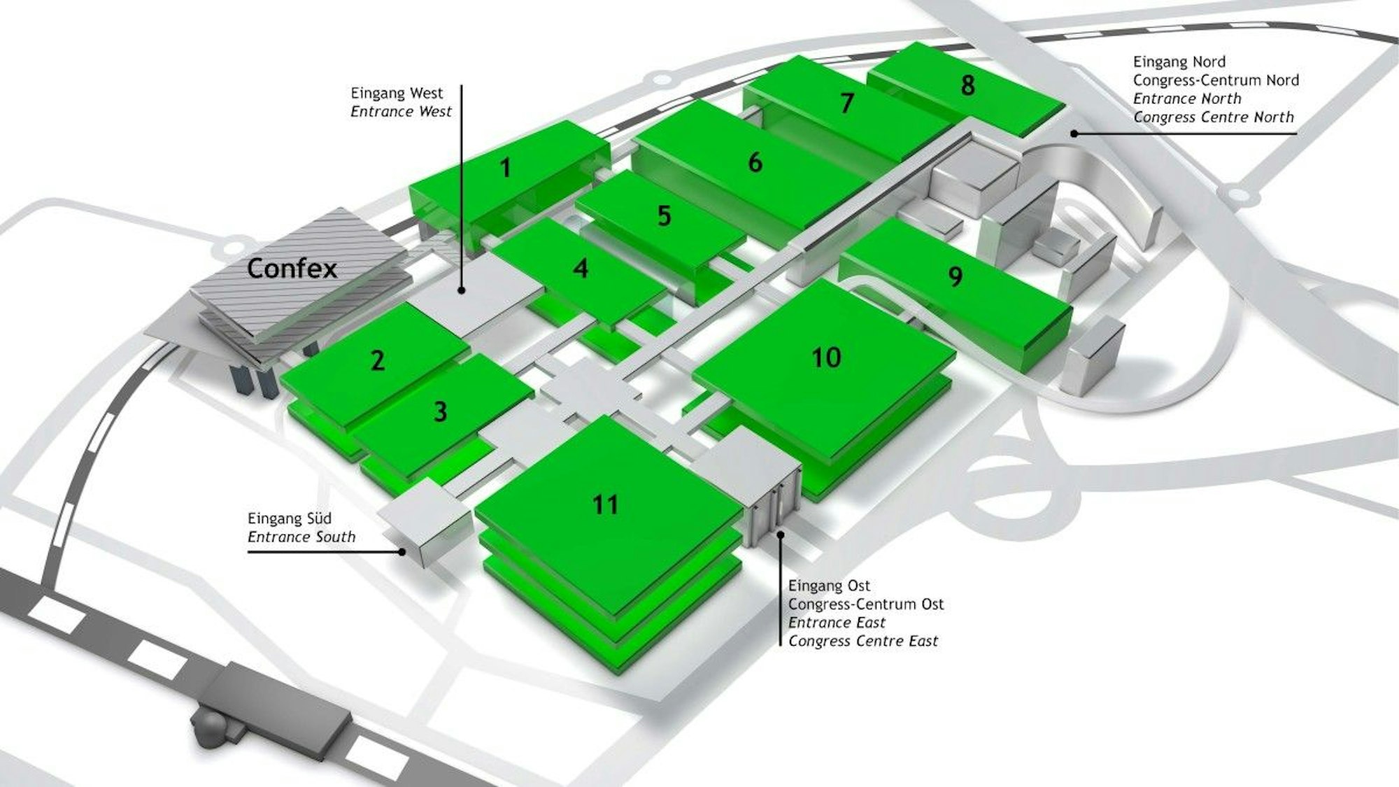 Diese Grafik zeigt die Messehallen im Überblick.