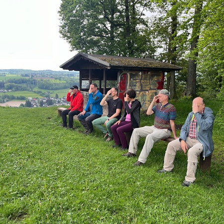 Auf der Stachelhardt machen die Teilnehmer des Kurses „Entspannung und Stressreduktion durch Wandern“ eine Energieaufbau-Übung.