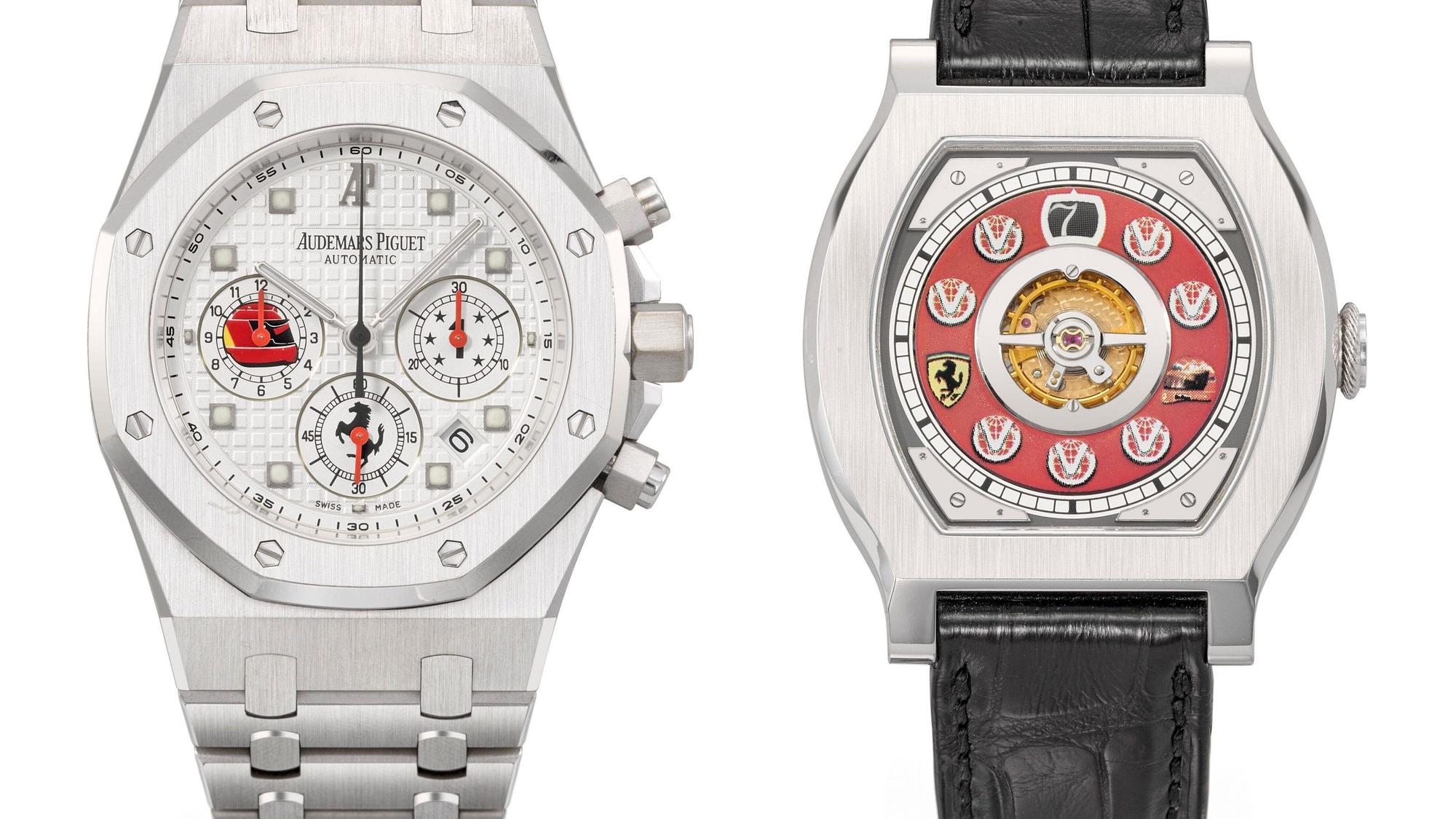 Die Kombo zeigt ein Audemars Piguet Royal Oak-Chronograph (l) und die Journe Vagabondage 1 Model-Uhr, beide aus dem Besitz von Michael Schumacher (undatierte Aufnahmen).