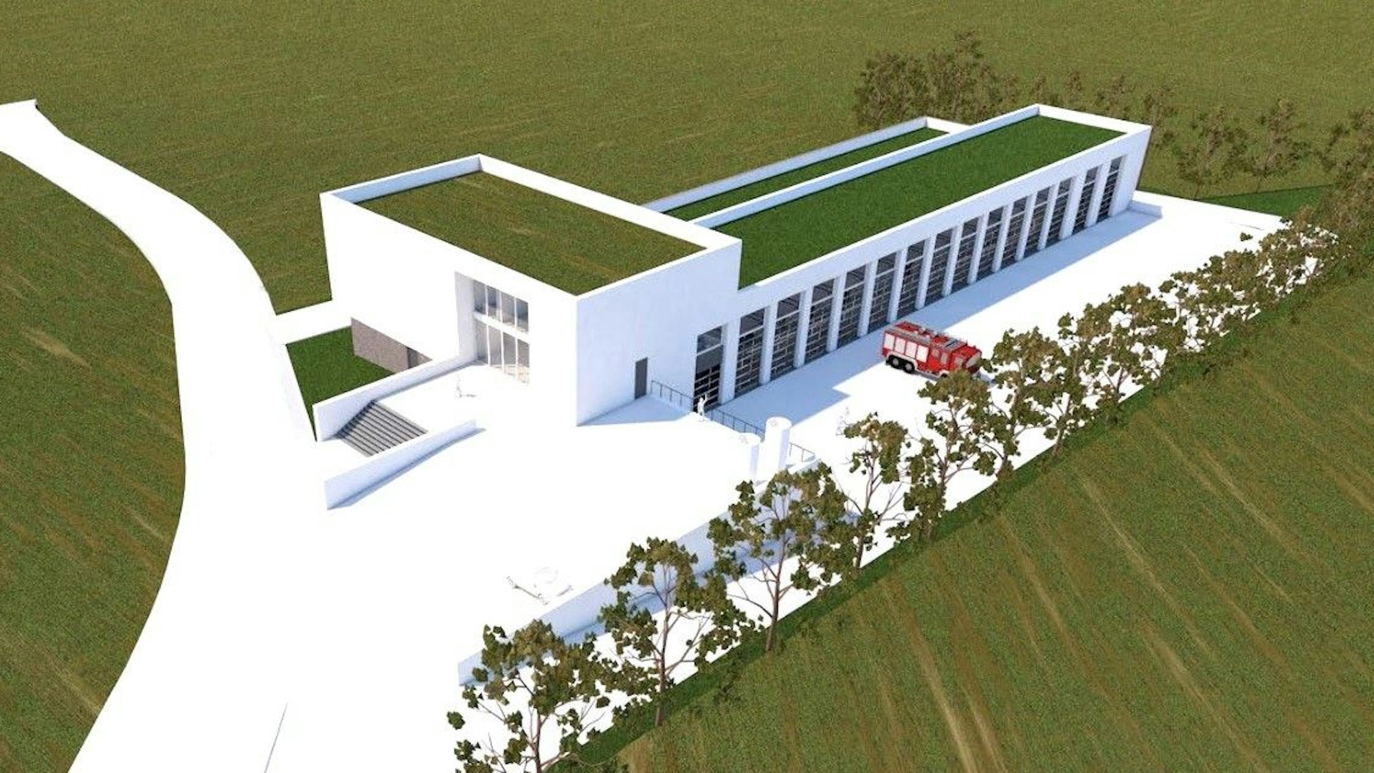 Die Visualisierung zeigt die Planung des neuen Feuerwehrgerätehauses in Kall.