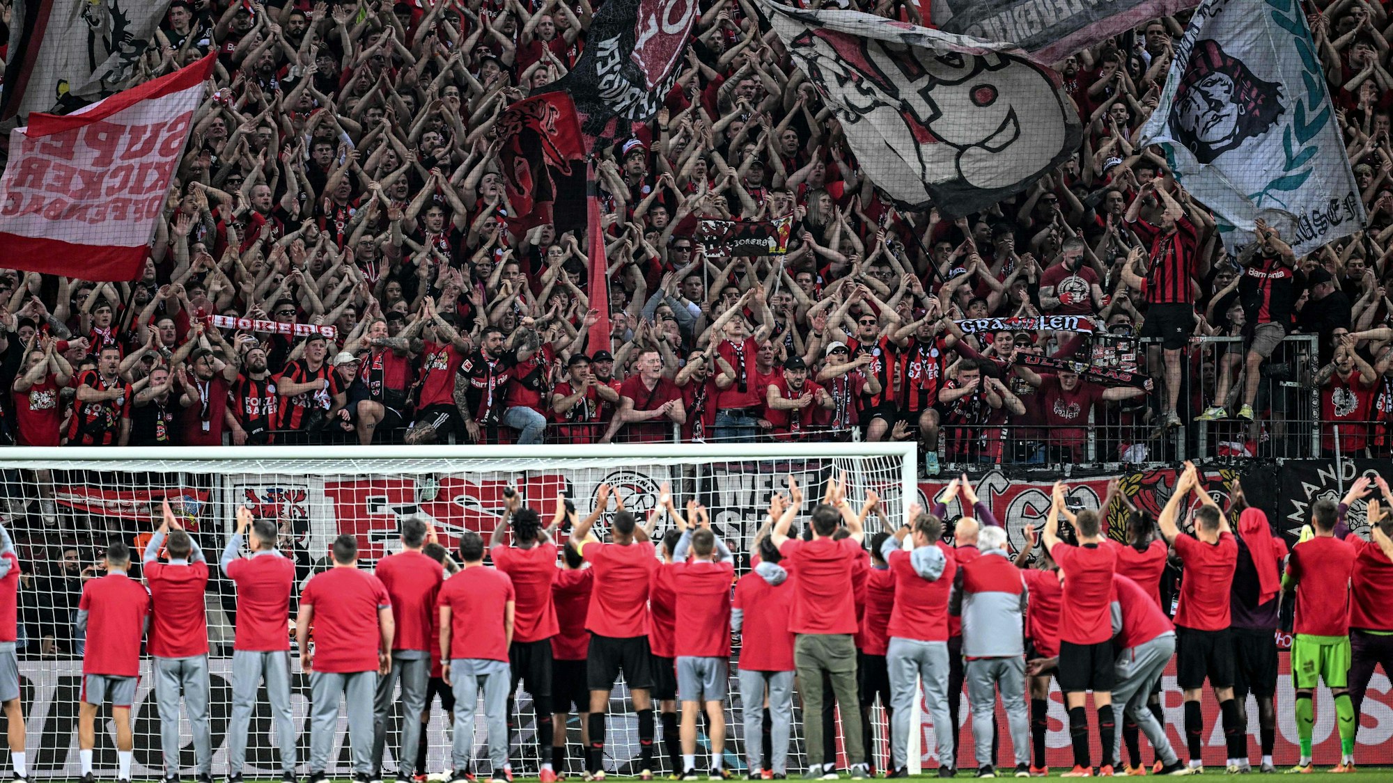 Bayer Leverkusens Protagonisten feiern mit den Fans nach dem Einzug ins Finale der Europa League.