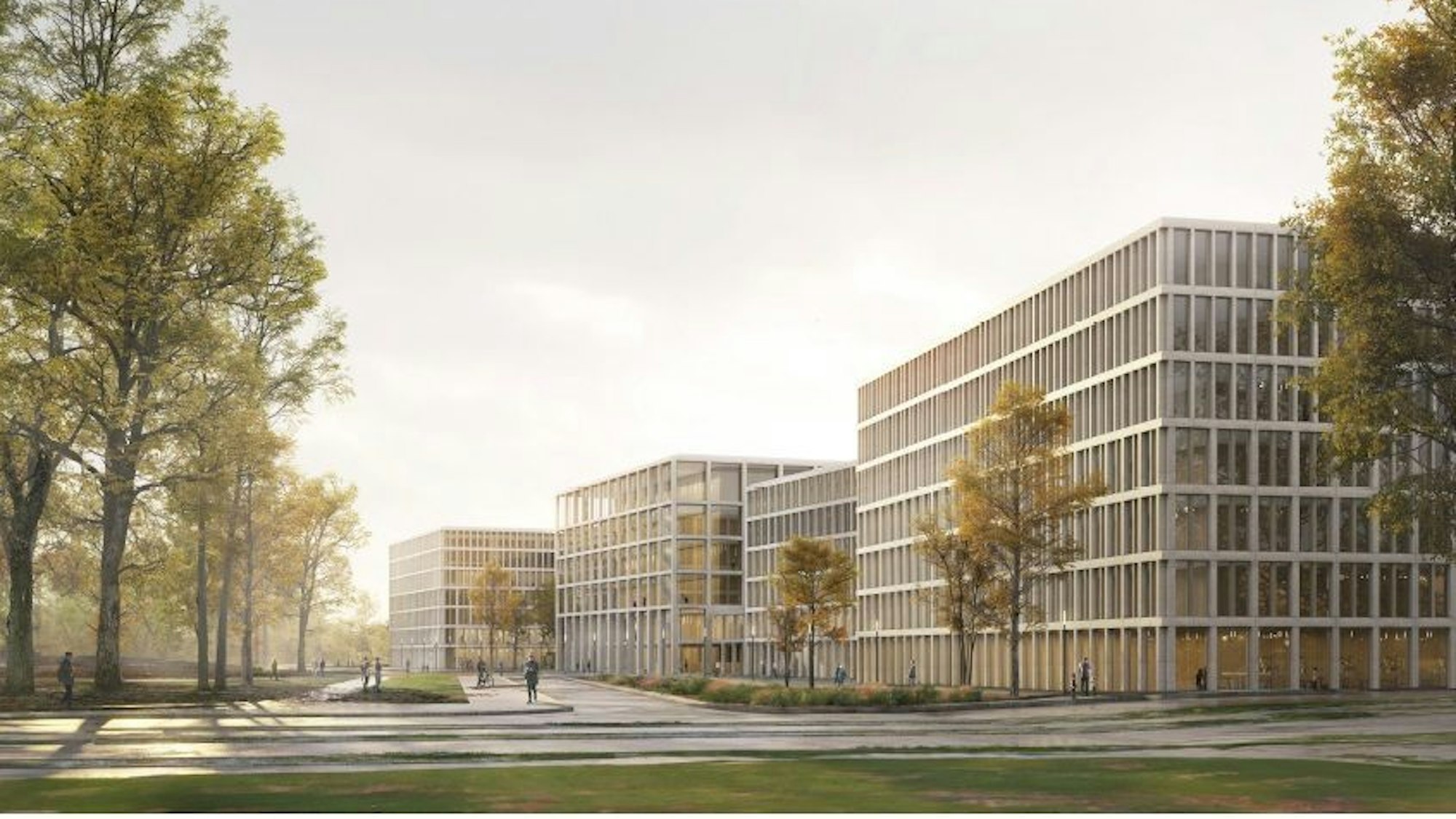 Blick von der Luxemburger Straße: So soll das neue Kölner Justizzentrum angegrenzt an den Park im Inneren Grüngürtel einmal aussehen.