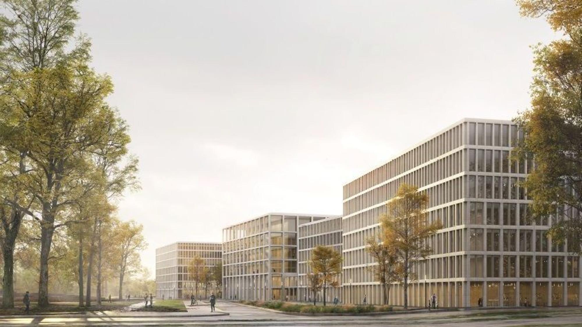 Blick von der Luxemburger Straße: So soll das neue Kölner Justizzentrum angegrenzt an den Park im Inneren Grüngürtel einmal aussehen.
