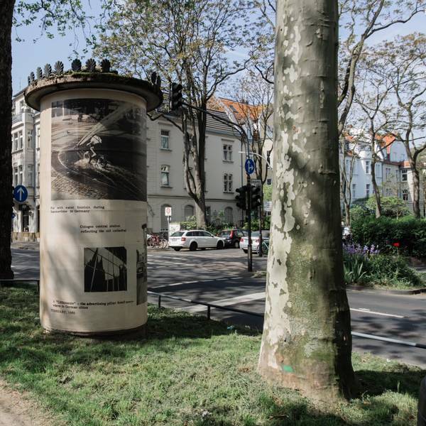 Zu sehen ist eine Litfaßsäule auf einem Grünstreifen.