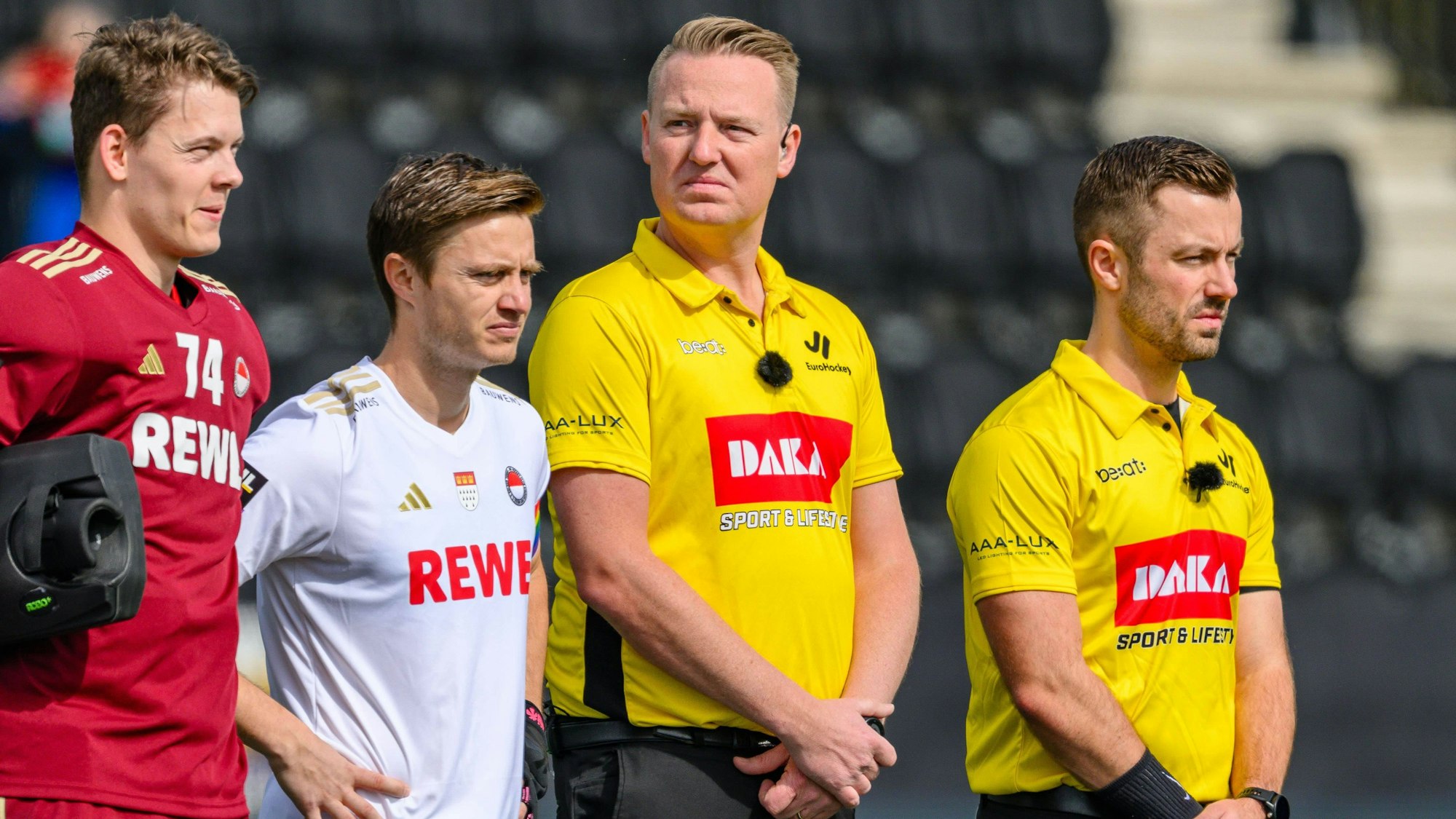 AMSTELVEEN, 29-03-2024, Wagener Stadion, Euro Hockey League FINAL8 Men 2023-24. Jean Danneberg, Mats Grambusch and Coen van Bunge during the line-up before the game Royal Leopold Club - Rot-Weiss Koln. Royal Leopold Club - Rot-Weiss Koln PUBLICATIONxNOTxINxNED x24836345x Copyright: