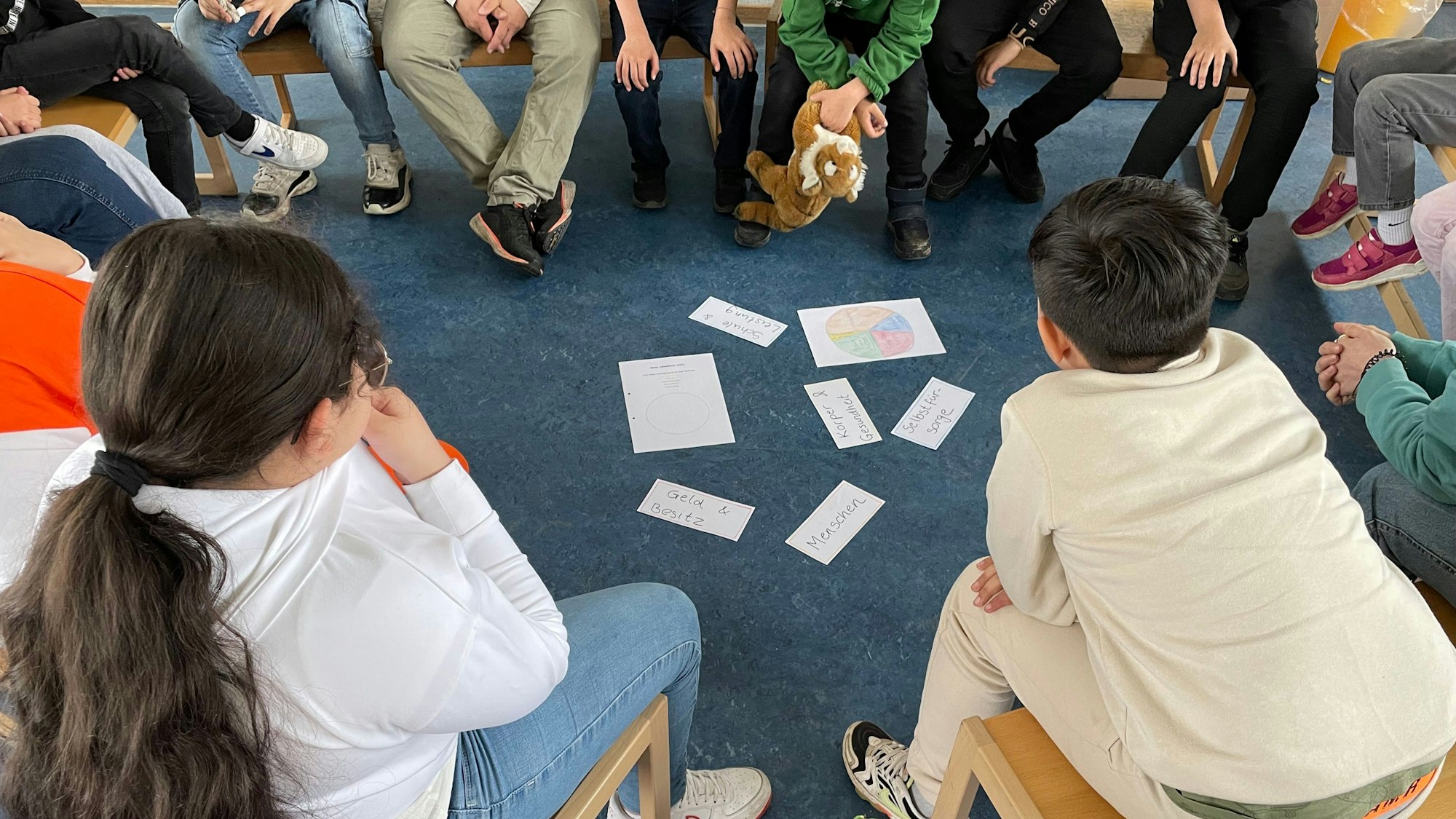 Grundschülerinnen und -schüler sitzen im Kreis, auf dem Boden in deren Mitte liegen Zettel mit Stichworten wie „Geld & Besit“ oder „Selbstfürsorge“.