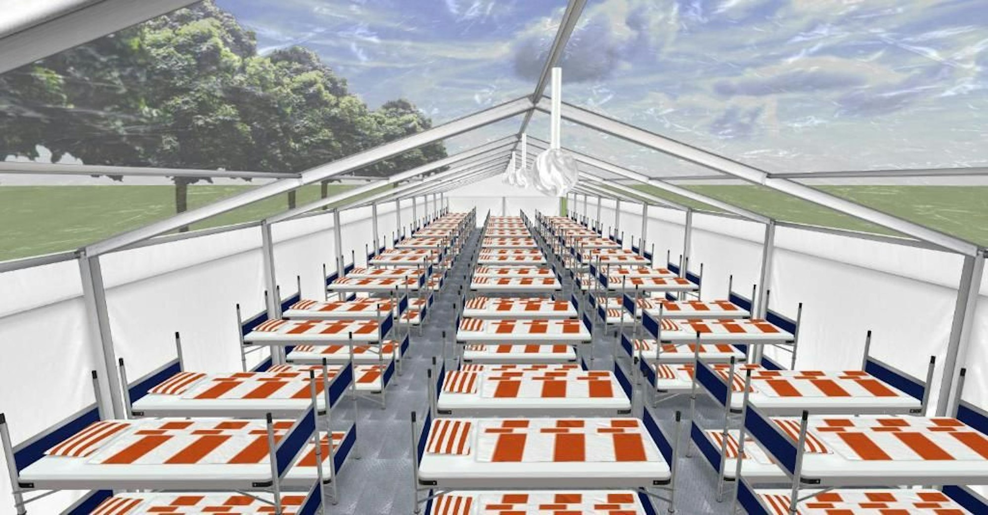 So soll ein Schlafsaal im vorübergehenden Campingplatz im Jugendpark während der Europameisterschaft in Köln aussehen.