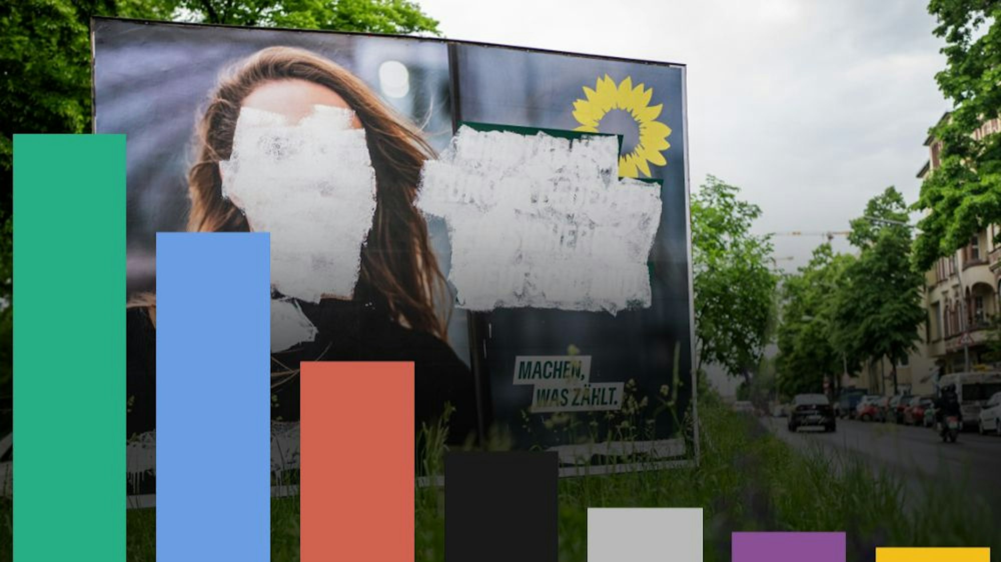 Ein Plakat mit dem Bild von Terry Reintke, Spitzenkandidatin der Grünen für die Europawahl, ist mit weißer Farbe überstrichen worden.