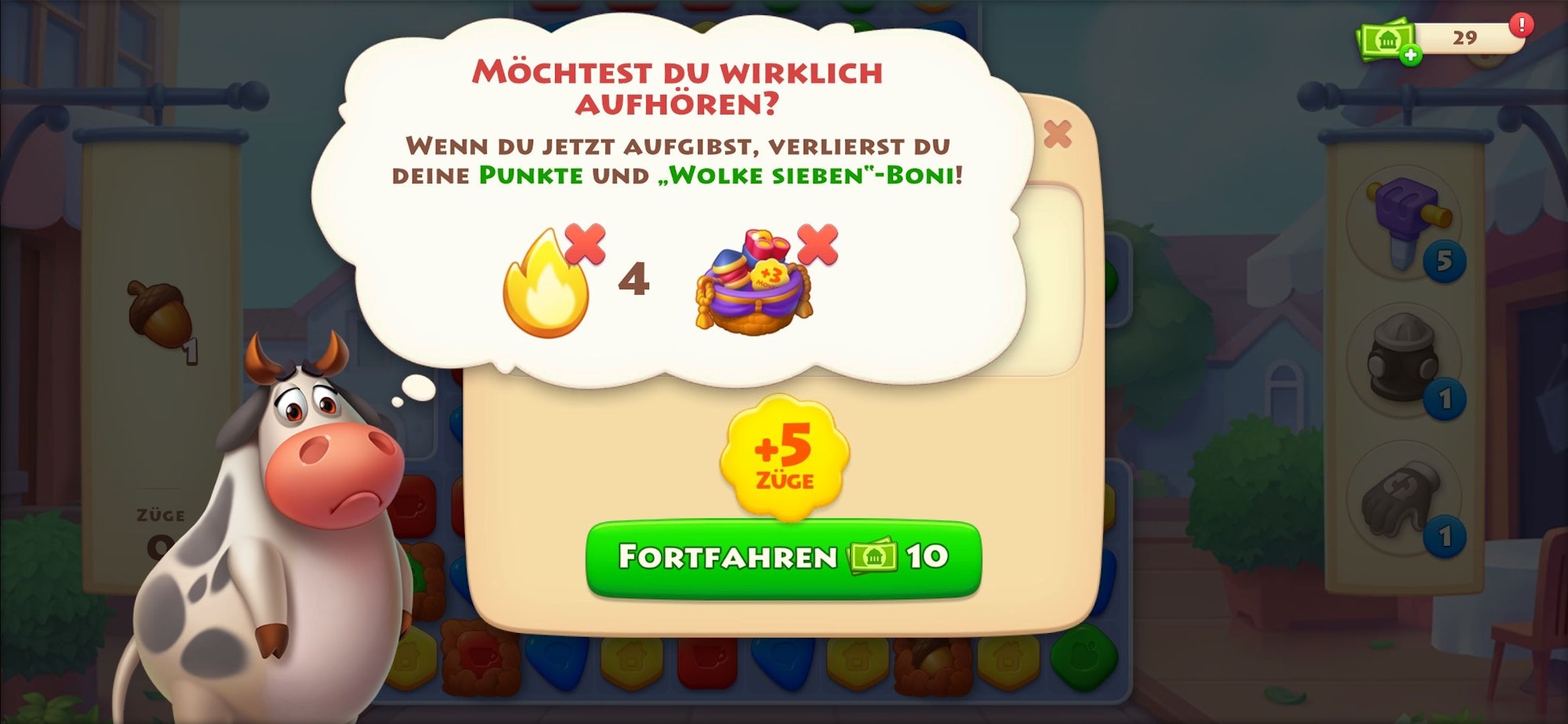 Traurig dreinblickende Comic-Kuh drängt Kinder dazu, weiterzuspielen statt das Spiel zu beenden.