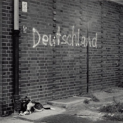 Eine Frau geht an einer Mauer vorbei, auf der das gesprühte Wort Deutschland steht.