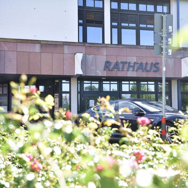 Das Bild zeigt den Eingang des Zülpicher Rathauses im Frühsommer.