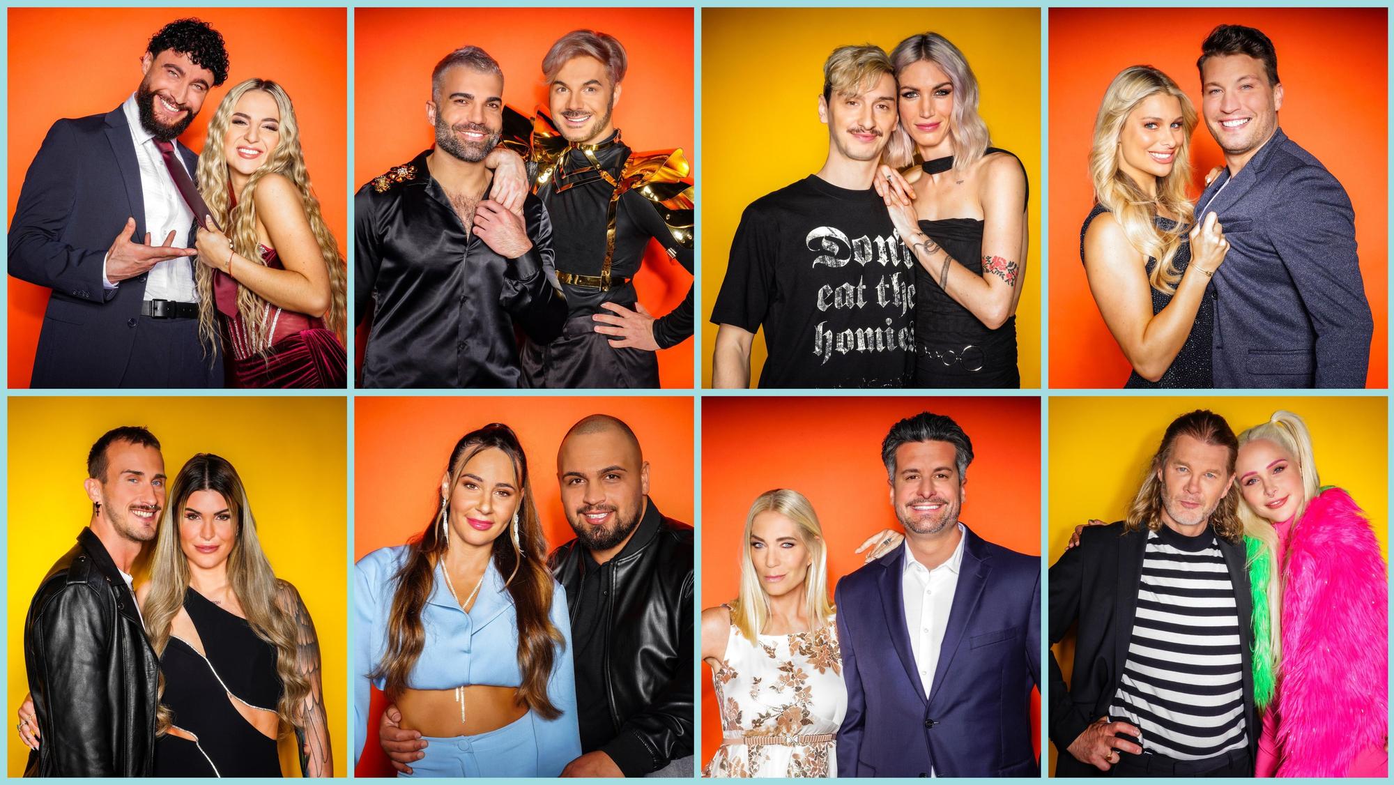 Diese Paare sind 2024 in der RTL-Show «Das Sommerhaus der Stars - Kampf der Promipaare», Staffel 9 (V.o.l.): Influencer Umut Tekin und Emma Fernlund, Rafi Rachek und Reality-Icon Sam Dylan, Model und Influencerin Tessa Bergmeier und Freund Jakob, Vanessa Schmitt und Raúl Richter (V.u.l.): Freund Michael und Reality-Personality Gloria Glumac, TV-Sternchen Alessia Herren und Partner Can, Designerin Sarah Kern und Tobias Pankow, Model Theresia Fischer und Stefan Kleiser.