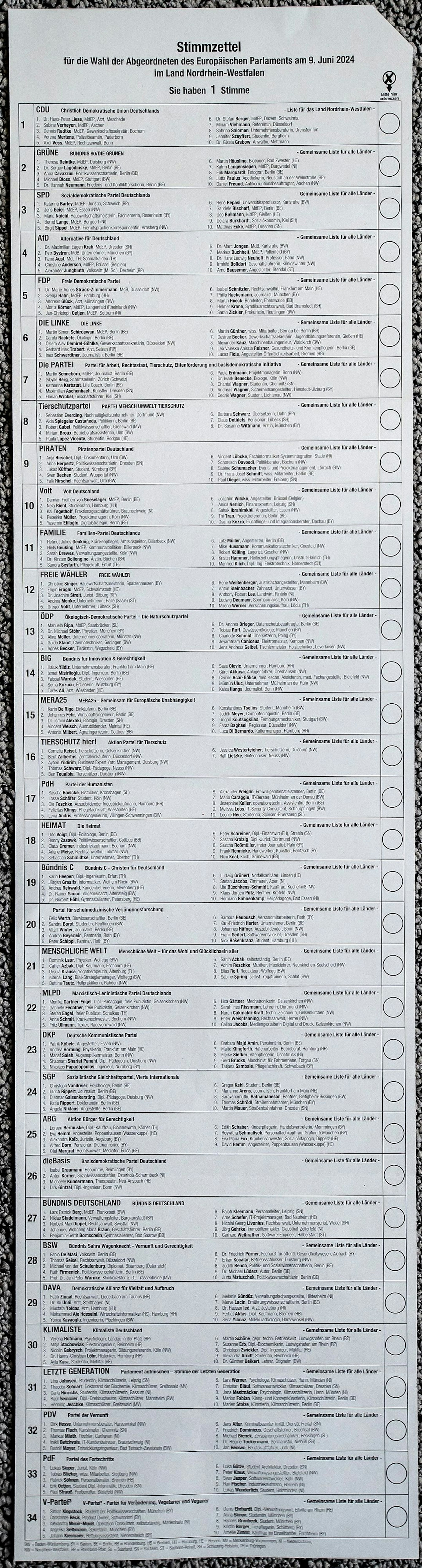 Europawahl, der Stimmzettel zur Europawahl am 9.Juni 2024. Foto: Ralf Krieger